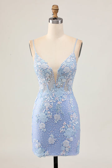 Ljusblå Bodycon Blommiga Paljetter Homecoming Klänning med Appliques